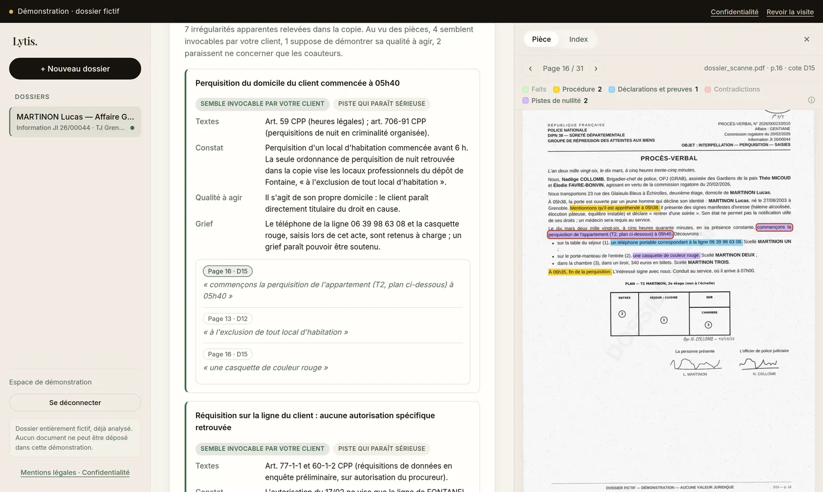 Onglet Procédure : pistes de nullité avec textes, constat, qualité à agir et grief, pièce surlignée à droite.